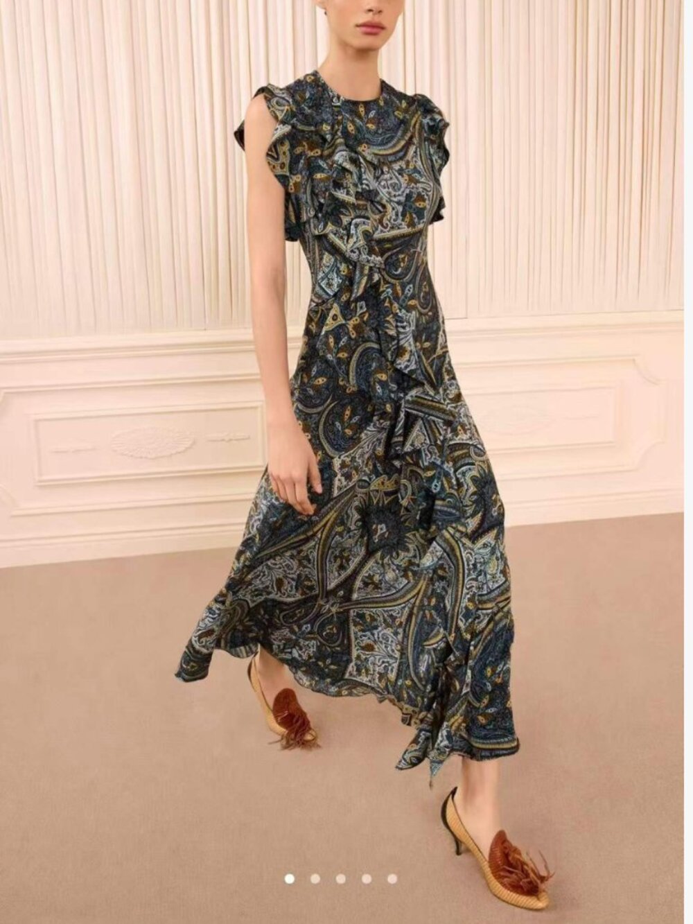 Ulla John Ameline Sleeveless Silk Midi Dress Prussian Bias-Cut Ruffle 4/6/8